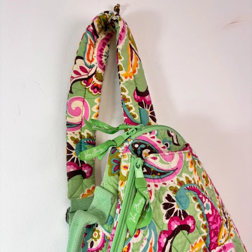 Vera Bradley Green Pink Paisley Quilted Sling Backpack Crossbody Bag
